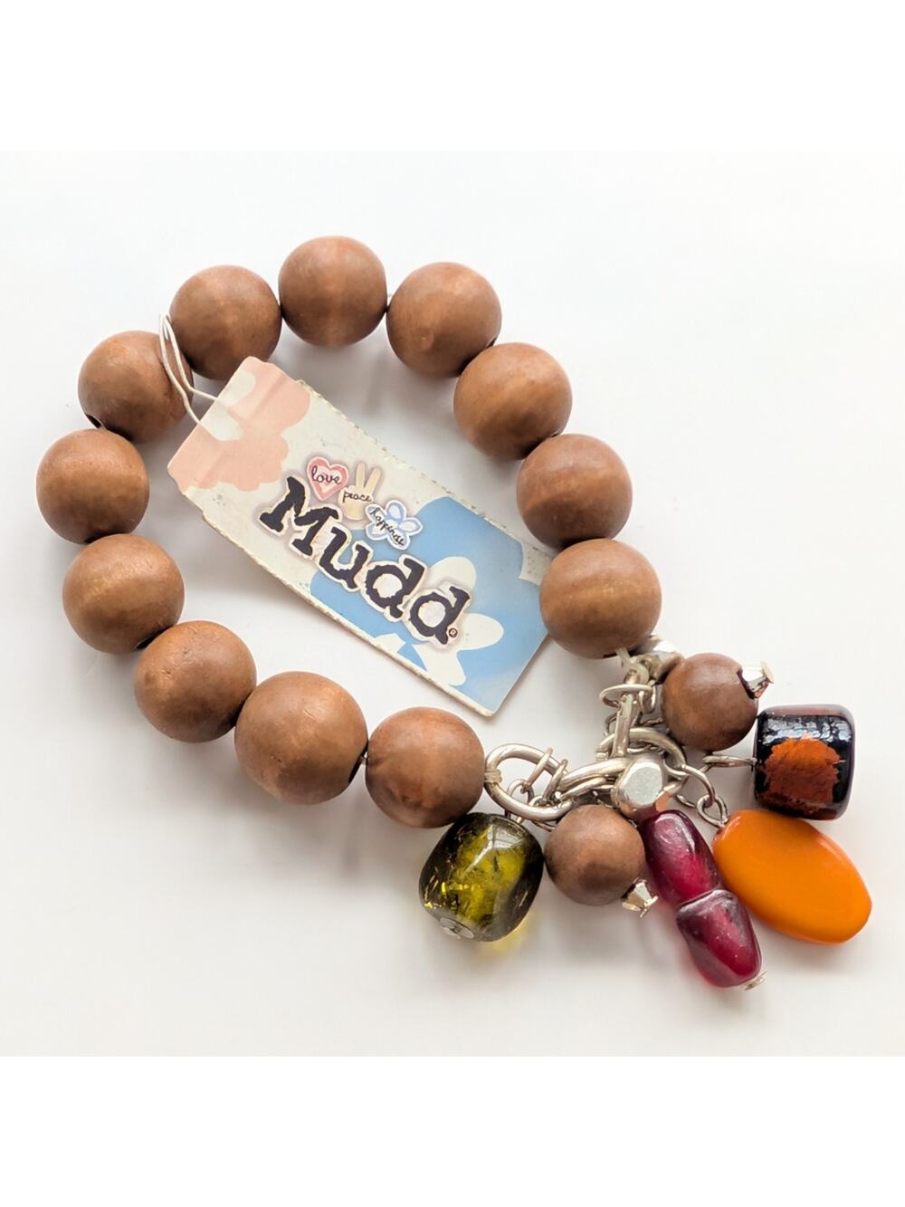 Mudd Bohemian Style Chunky Wood Beaded Glass Charm Stretch Layering Bracelet NWT